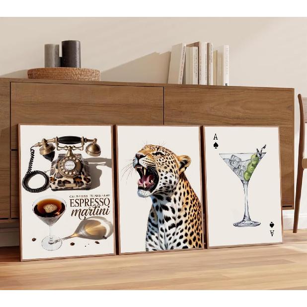 Leopard Set of 3 Canvas Wall Art Trendy Cheetah Wall Decor Painting Pictures Espresso Martini Posters Prints Preppy Aesthetic Artwork for Women