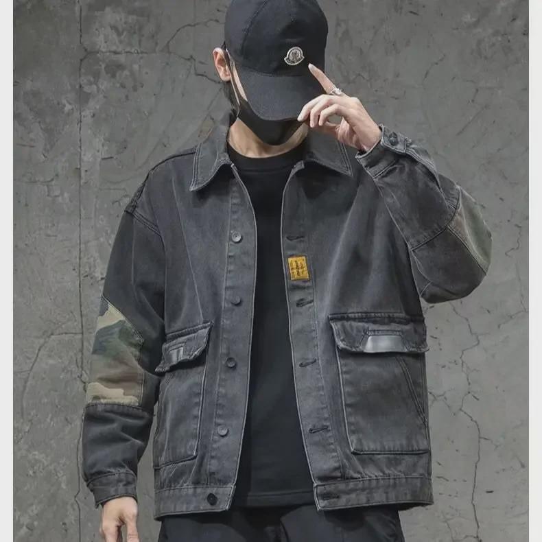 Мужская черная джинсовая рабочая куртка - весна 2024 года, повседневный топ с лацканами