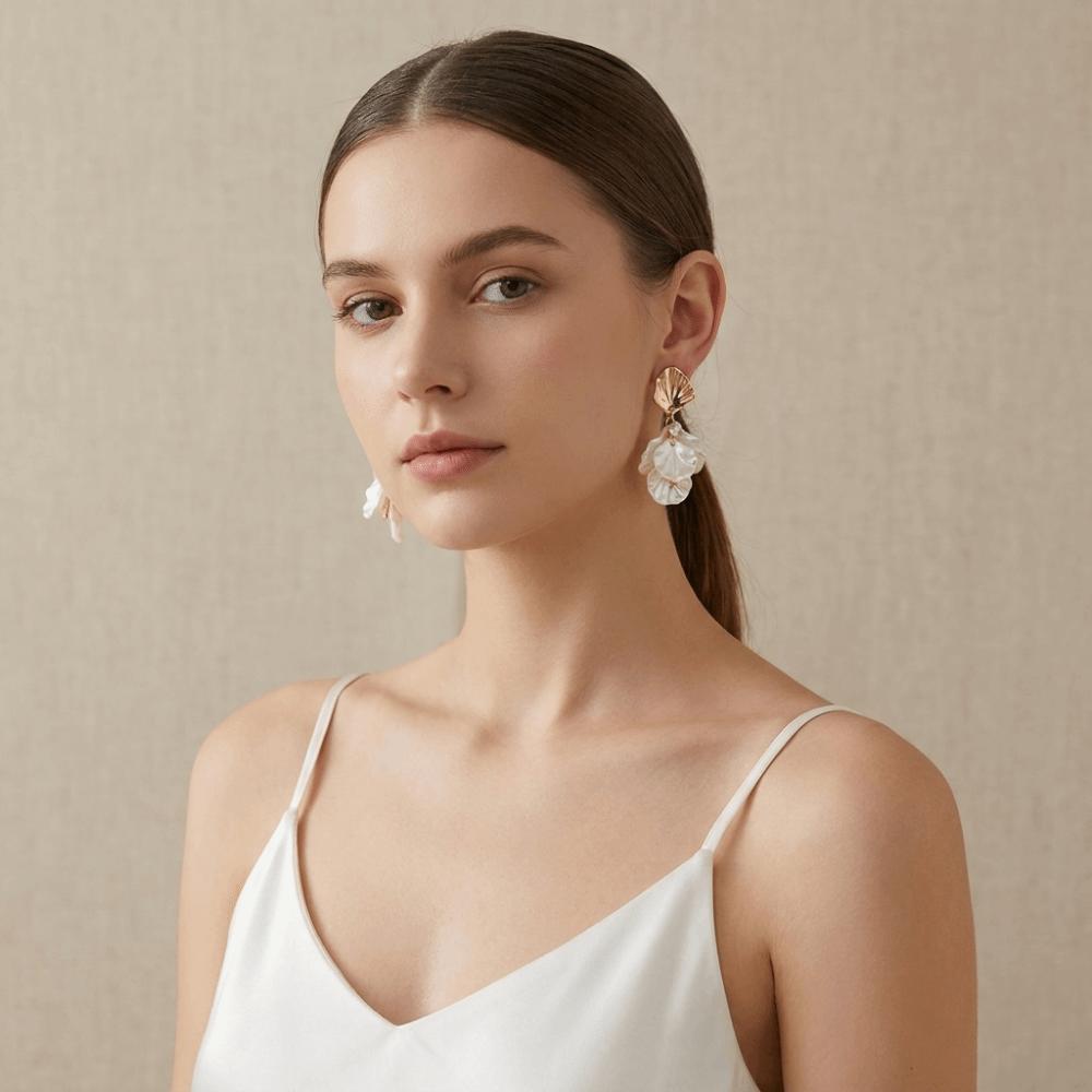 White Shell Drop Earrings Layered Dangle Earrings Bohemian Petal Earrings Holiday Gift