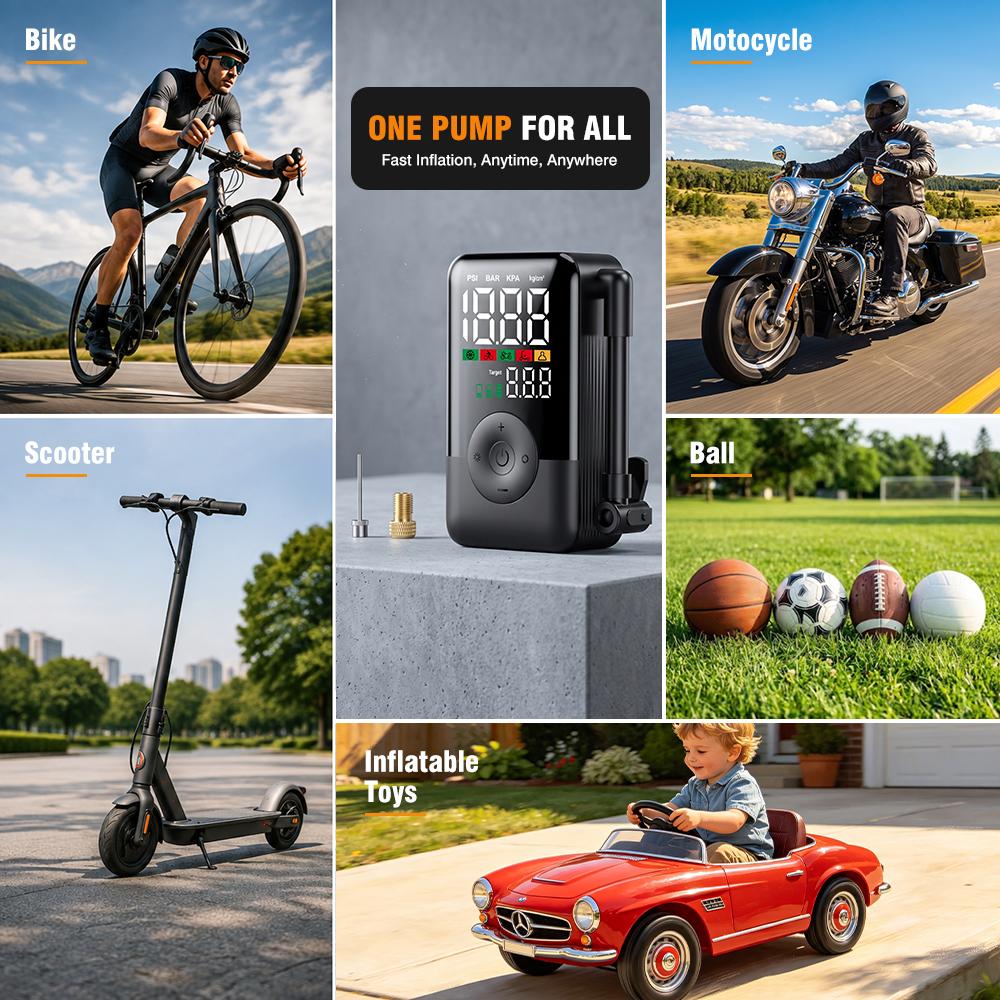 Tyre Inflator 150PSI Cordless Compressor 90s Fast Inflate 2000mAh LCD Display Auto Shut-off LED CE Car Motorcycle Bicycle Ball
