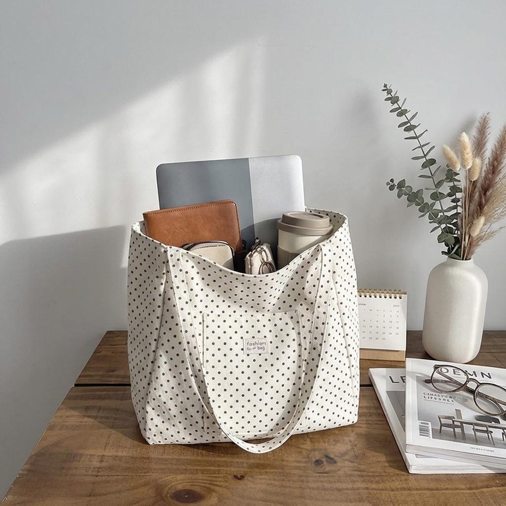 Women's Polka Dot Tote Bag Large Capacity Commuter Shoulder Handbag With Reinforced Bottom