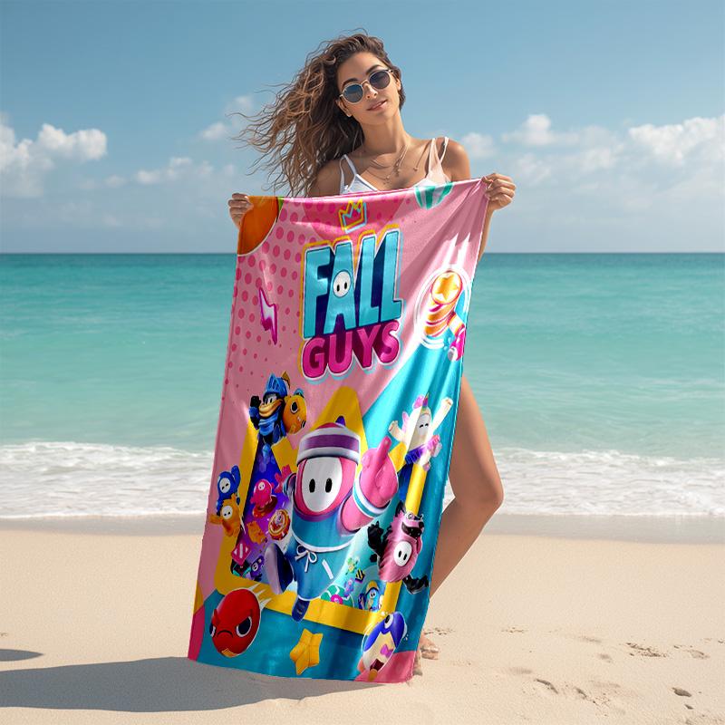 proof beach towel with Fall Guys game pattern - soft,absorbent,quick-drying,machine washable - perfect for swimming,camping,bathing