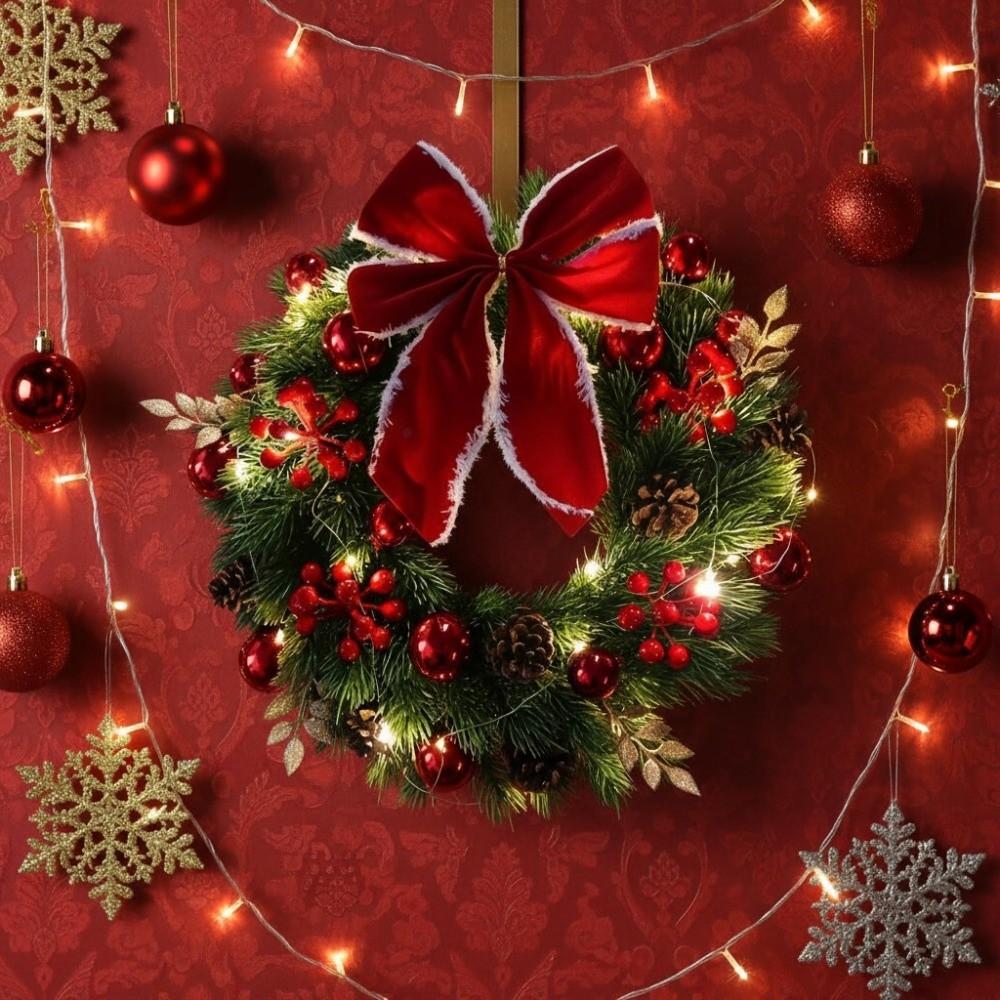 With LED Light and Bow Christmas Garland Artificial Pinecone Red Berries Xmas Door Hanging Window