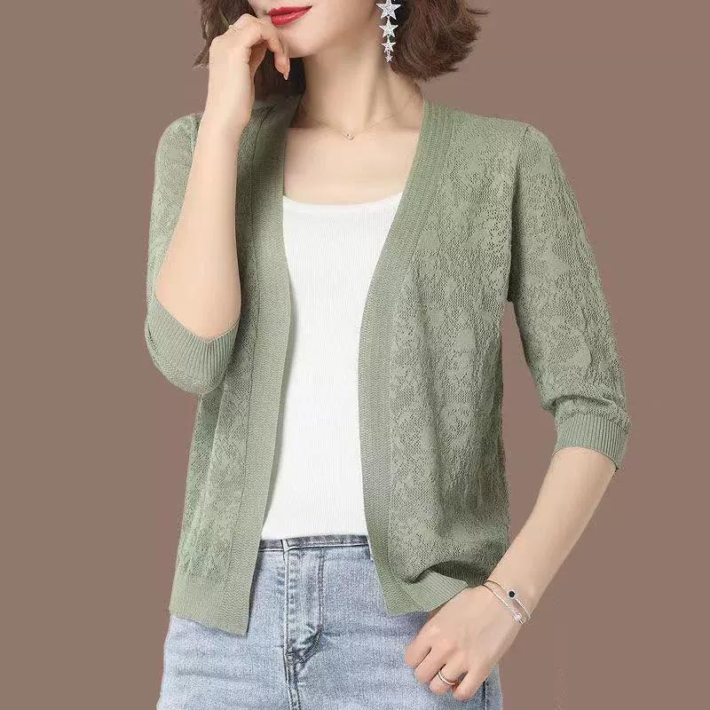 Oversized Summer Knit Cardigan Jackets Half Sleeve Lace Knitwears Coats Korean Elegant Trendy Hollow Out Sunscreen Tops