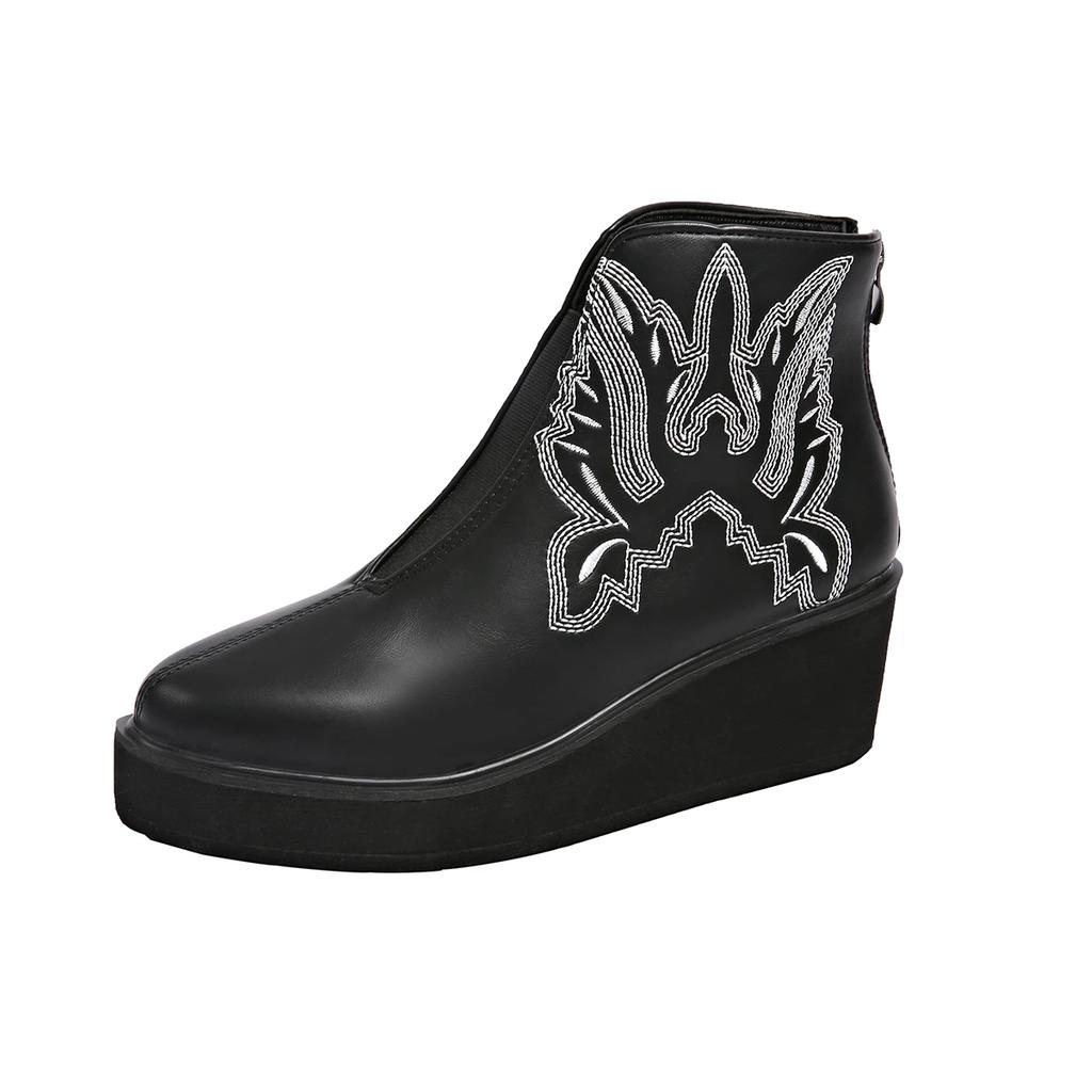 Ботильоны женские из искусственной кожи с вышивкой на платформе в стиле ретро, осенне-зимние, с круглым носком, на танкетке, с молнией сзади, готические туфли