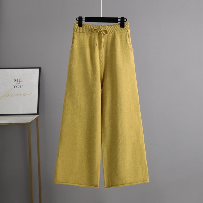 Осенне-зимний однотонный вязаный костюм для женщин, большие широкие брюки с воротником-поло, комплект из двух предметов