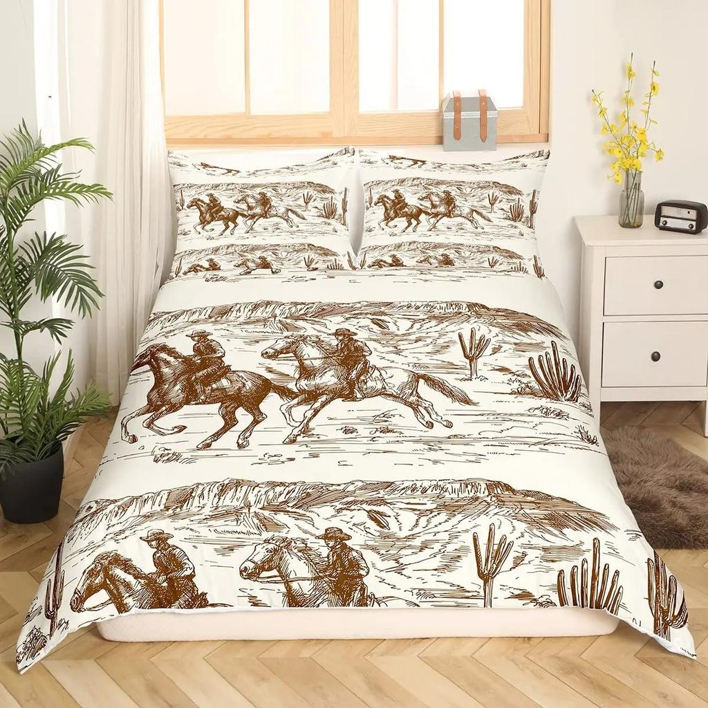 Western Cowboy Duvet Cover Set Twin Size,Horseshoe Stars Cowboy Hat Pattern Comforter Cover Rustic Vintage Southwest Bedding Set