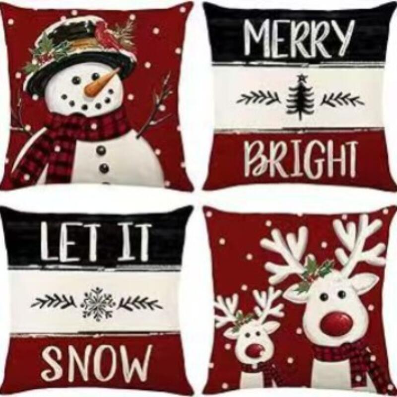 Набор из 4 двусторонних рождественских наволочек - Санта Снеговик Смесь льна Декор для дивана Праздничные акценты для дома