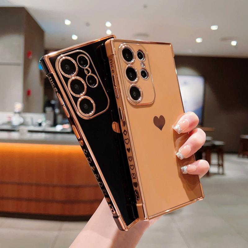 Solid Color Love Heart Print Slim Case For Samsung Galaxy S25 Ultra S24 FE S23 S22 S21 A16 A55 A15 A35 A25 A14 Plating TPU Soft Shockproof Phone Cover