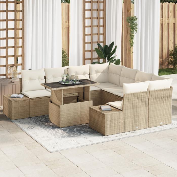 VidaXL Ensemble de salon de jardin 9 pièces avec coussins en rattan poly beige 3357894