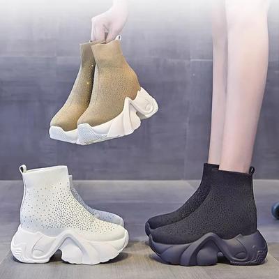 Вязаные носки, сапоги для женщин, осень 2024 г., новые толстые подошвы со стразами, летающие вязаные туфли, повседневные сапоги с внутренней эластичной резинкой