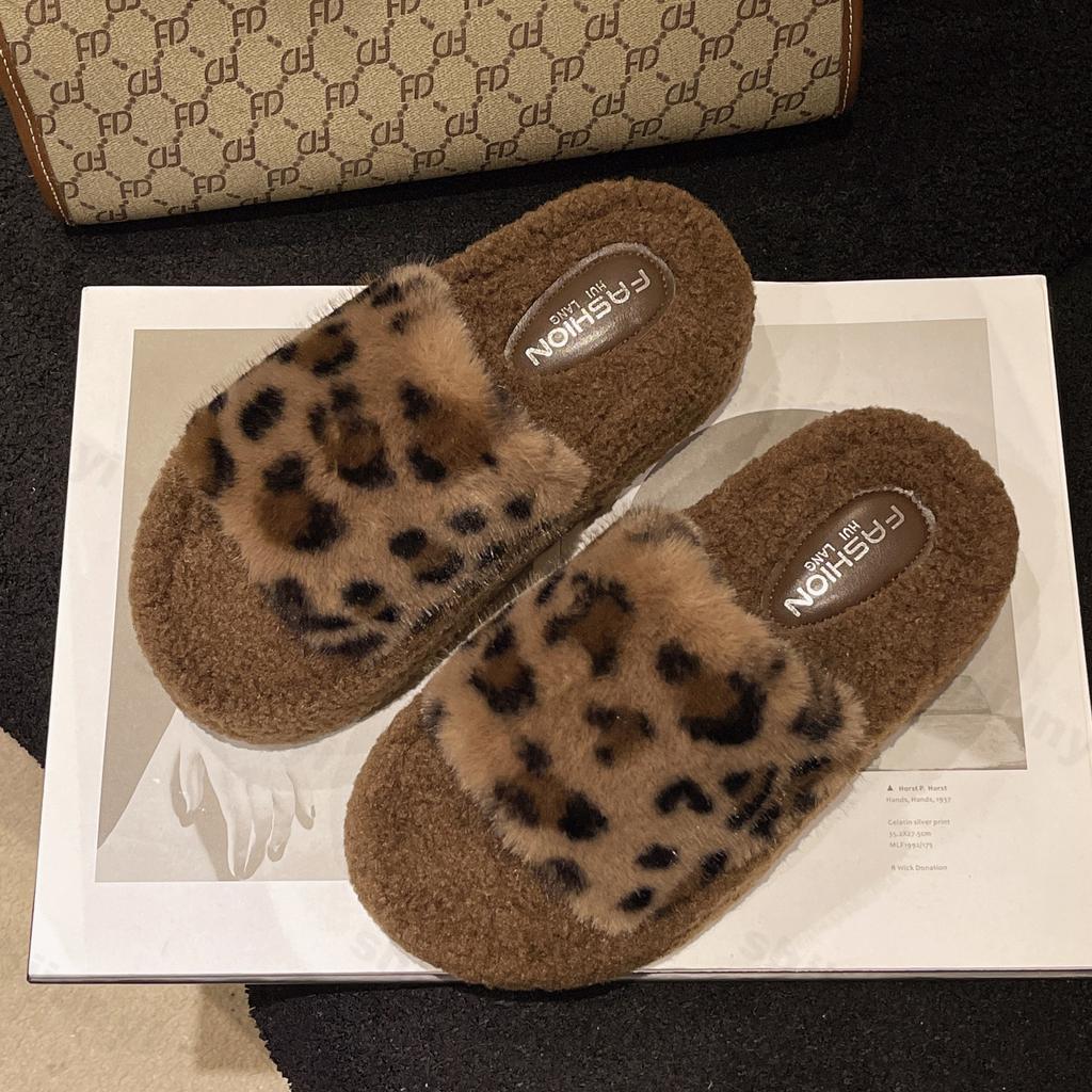 Модные женские тапочки с леопардовым мехом, хлопковые туфли на платформе и толстом каблуке, зимние повседневные шлепанцы 2025 года, новые домашние плюшевые мюли Zapatos De Mujer