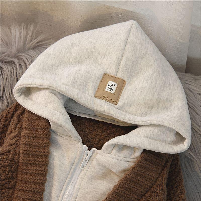 Hooded Sweater Jacket Women Autumn False Two Pieces Loose Medium-length Paragraph Button Sweater Cardigan