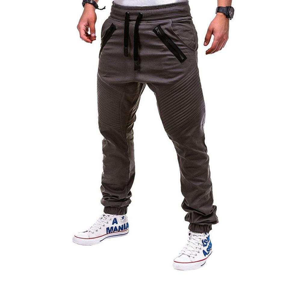 Male Casual Fashion Pants Pocket Zip Design Solid Color Retro Style Soft Jogger Drawstring Elastic Waist Trousers