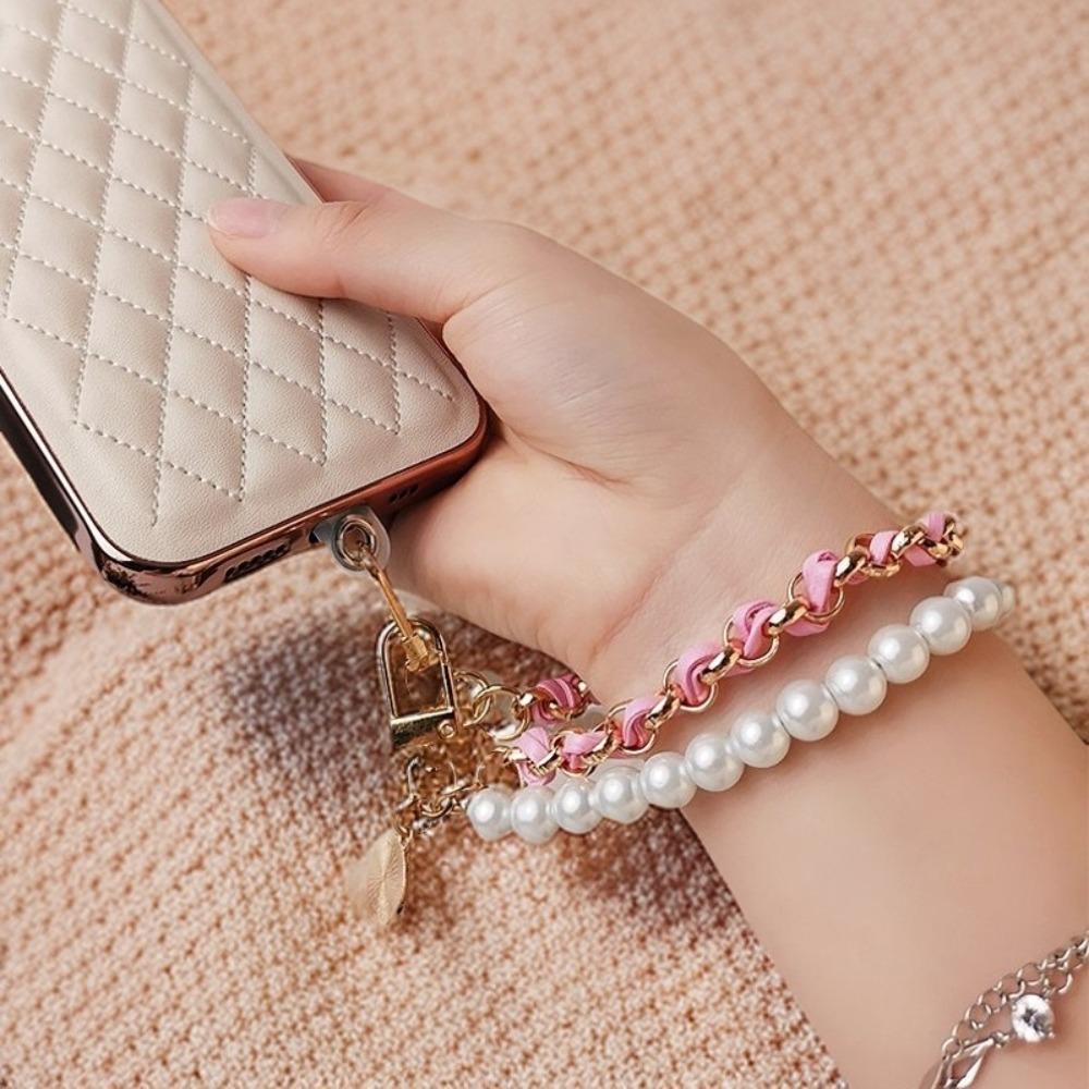 26cm Phone Lanyard Leather Pearl Anti-loss Hand Rope New Mobile Phone Charm Bracelet Chain