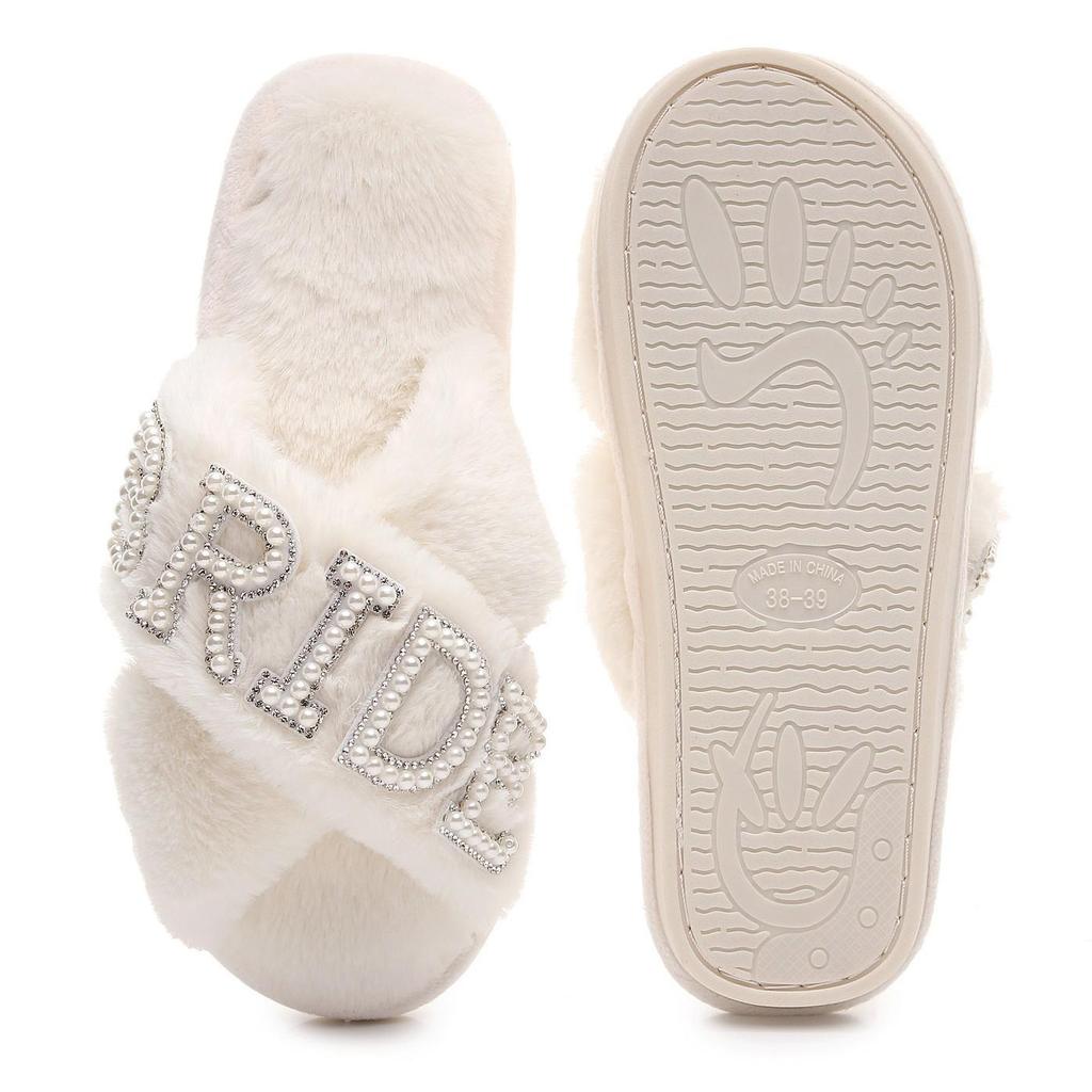 Hot-Selling Pearl Diamond 'BRIDE' Plush Slippers for Bachelorette Parties and Weddings