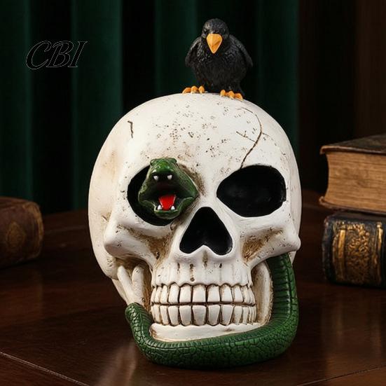 Decorative Skeleton with Crow Gothic Raven Skull Statue Halloween Decoration, Resin Perching On Sculpture for Window Display Figurine Macabre