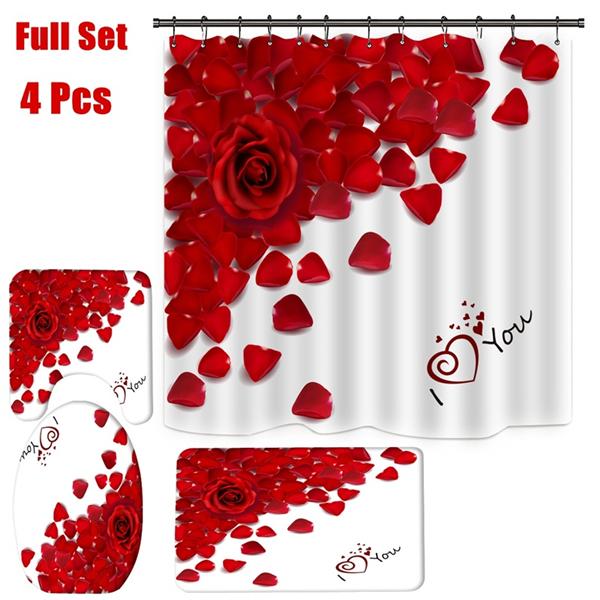 4 Styles Red Rose Shower Curtain Bathroom Set Valentine's Day Series Pattern Waterproof Bathroom Mats Rugs Carpets Toilet Lid Cover Set