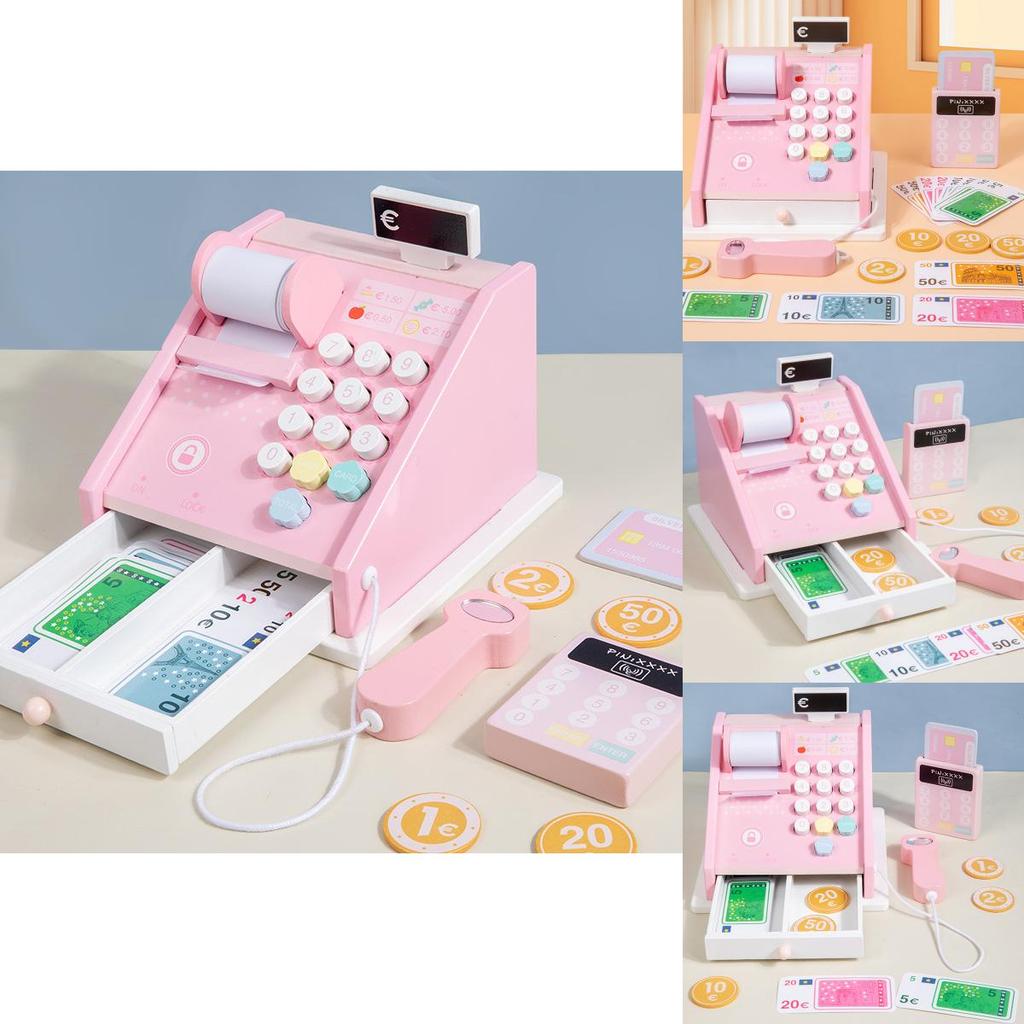Деревянная игрушечная касса для супермаркета для детей с реалистичным сканером и ящиком
