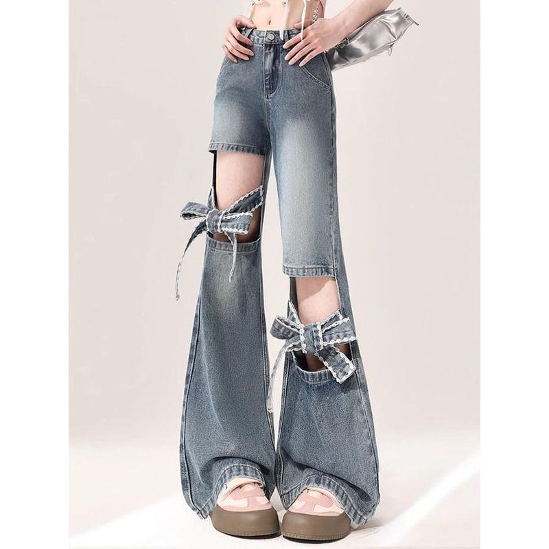 Женские джинсы Y2k Bow Jeans Baggy Harajuku Trashy Hollow Out Oversize Denim Брюки Эстетические джинсовые брюки Винтажная одежда