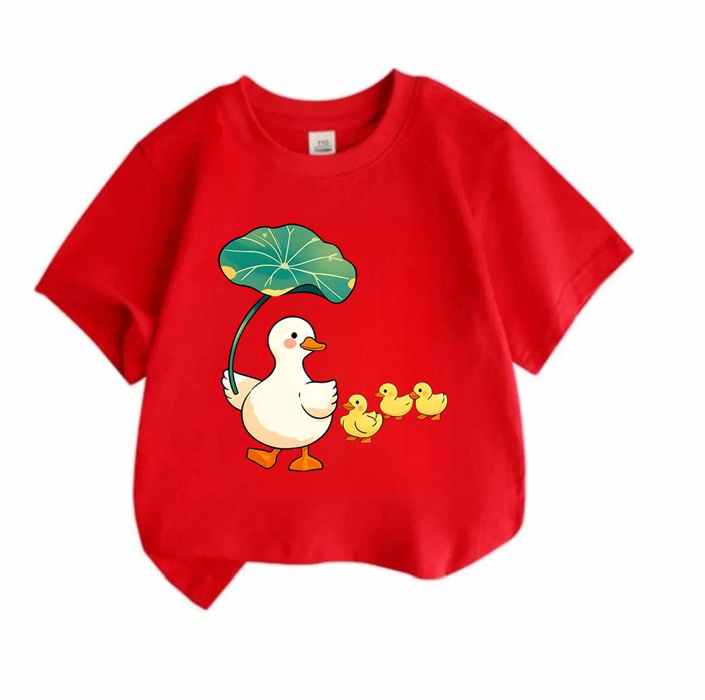 Cute Cartoon Mother Duck Holding Lotus Leaf with 3 Baby Duck