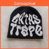 Black Knit Hat With White Lettering For Autumn Winter Casual Outdoor Use