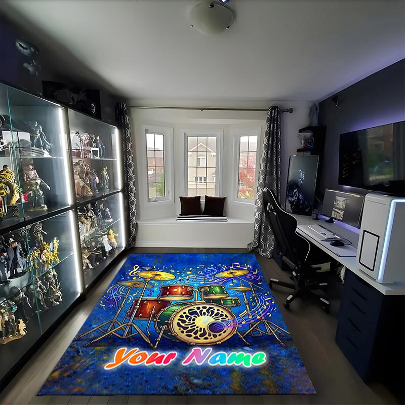 1PC Custom Name Music Drum Set Art Theme Floor Mat Ideal for Living Room, Game Rooms, Office, Bedroom,Floor Mat Playful Design