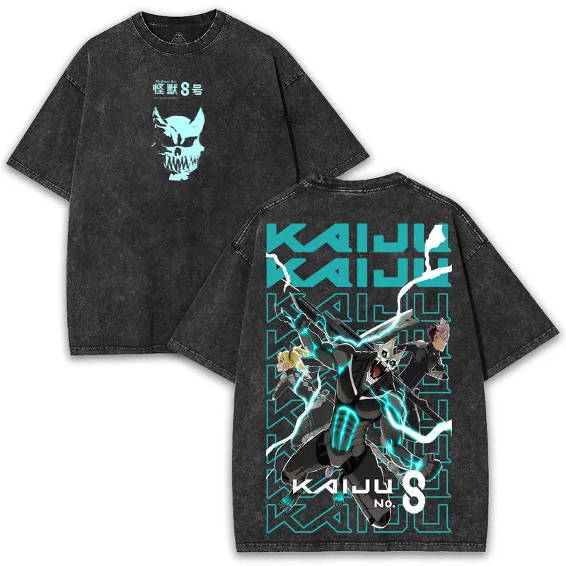 Vintage Washed Hot Kaiju No 8 Anime Cool Printed Graphic T-shirt Oversized T Shirt Men Women Clothing Polyester Short Sleeve Tees