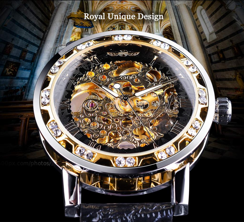 Winner Retro Manual Mechanical Skeleton Watch Diamond and Carving Flower Craft Skeleton Watch Mechanical Classic Roman Skeleton Men's Numeral, Black,