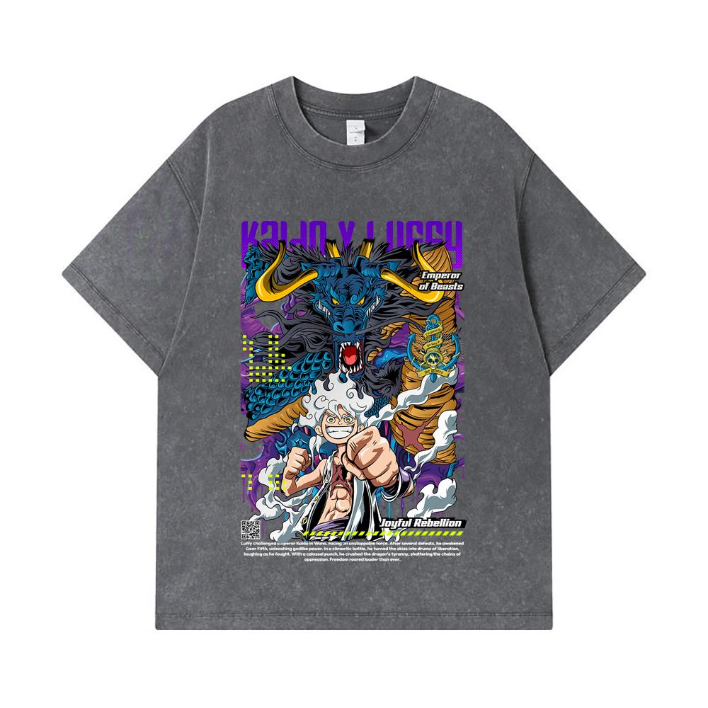Стиранные футболки 275 г/м² 100% Хлопок One Piece V35 Принт Luffy Kaido Унисекс Тяжелая Хлопковая Футболка