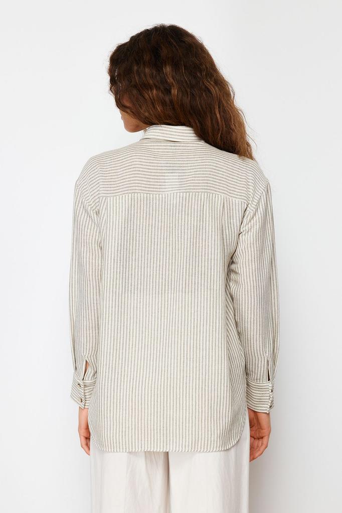 Women's Style Shirt Green Striped Oversize Linen Look Woven Shirt