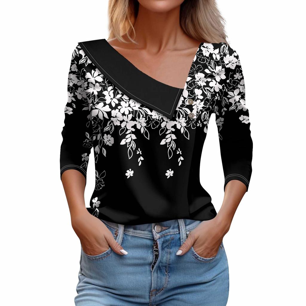Женская футболка с принтом, пуловер с рукавами 3/4 и V-образным вырезом и пуговицами