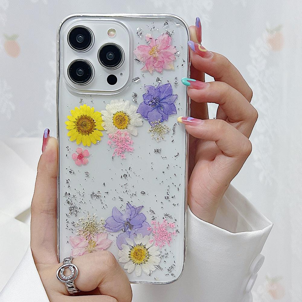 Чехлы для телефона с сушеными цветами и серебряной фольгой для iPhone 17 16 15 14 13 12 11 Pro Max XS Max XR X 7 8 Plus Мягкий силиконовый чехол