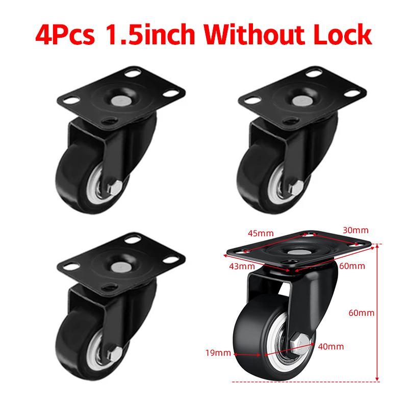 4 шт. Бесшумные колеса с двойными роликами, Двойные шариковые подшипники, Черные поворотные с тормозом, Колеса для тележки 1,5" - 2"