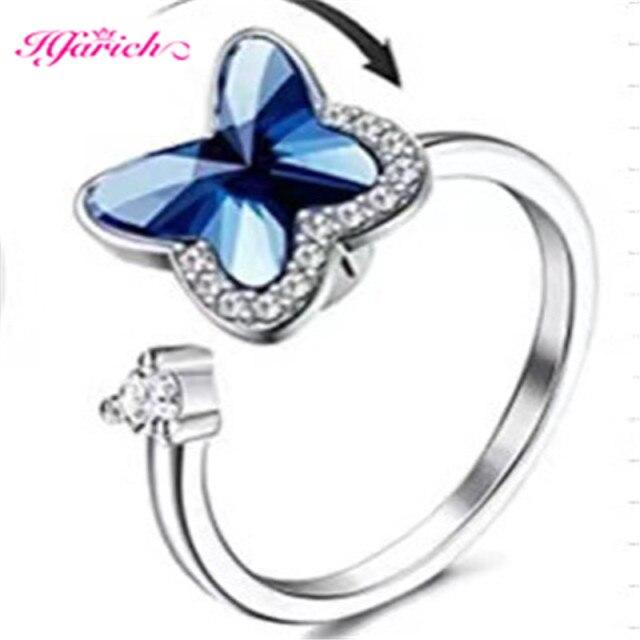 Hfarich Blue Crystalline Butterfly Finger Ring Rotate Freely Anti Stress Anxiety Rings Girl Nuptial Wedding Occasion Women Jewelry Engagement Present