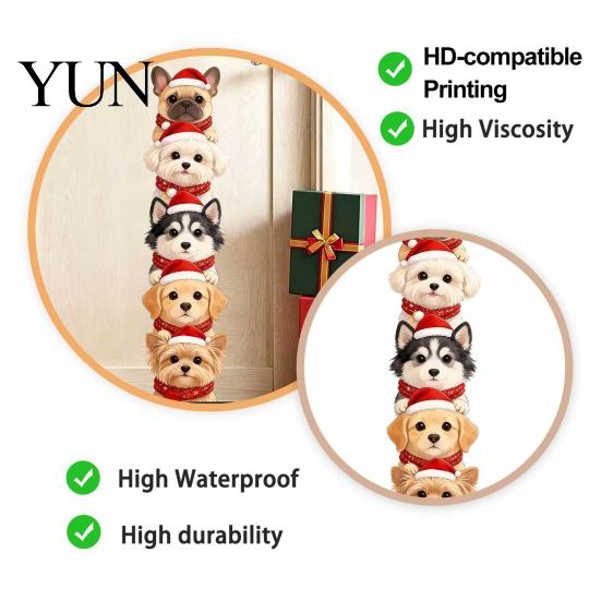 Self-Adhesive Christmas Wall Art Puppy Stickers, Removable Self-adhesive Dog Decals for Walls Doors, PVC Stacked Puppies Home Decor with Santa