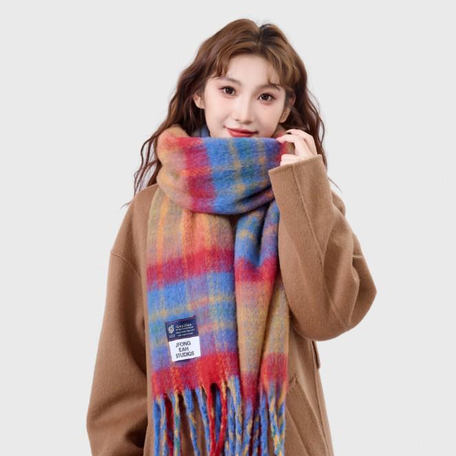 Cozy Plaid Wool-Blend Scarf: Warm, Furry, and Trendy Shawl for Autumn and Winter