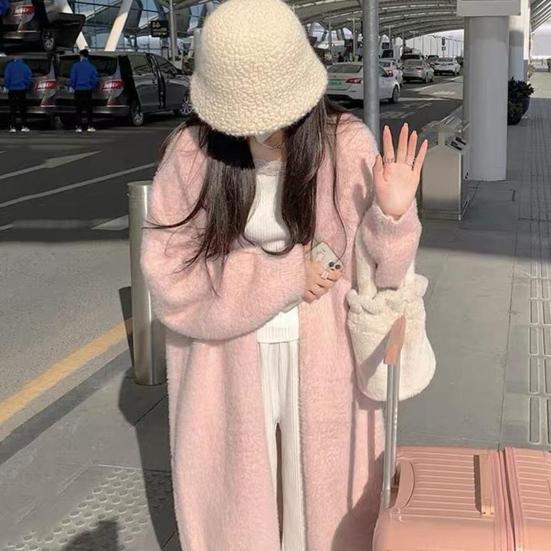 Женское зимнее пальто с длинными рукавами, утолщенное плюшевое, однотонное, длиной до середины икры, уютный кардиган с защитой от ветра и температурным фиксатором