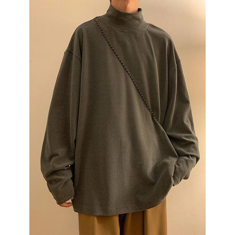 Мужской однотонный базовый слой, осенняя мода, футболка с длинным рукавом и полувысоким воротником, унисекс, универсальная повседневная одежда, идеально подходит для ношения слоями с браслетом