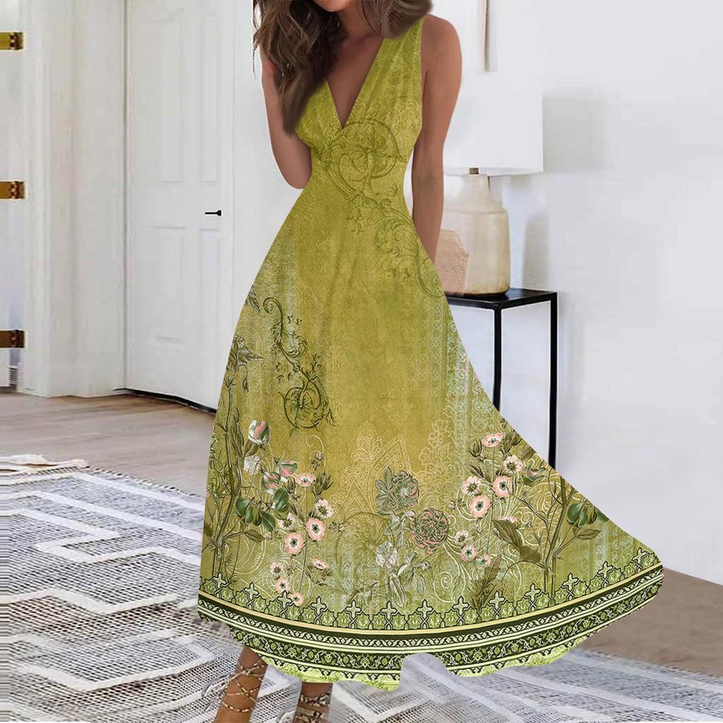 Женские модные повседневные свободные платья с V-образным вырезом без рукавов с принтом