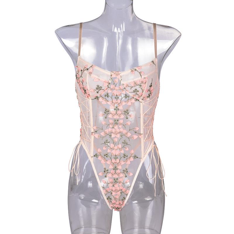 Lace Embroidery Bandage See-Through Sexy Bodysuit for Women
