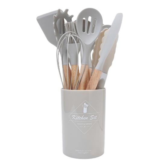 Silicone Kitchenware Set with Wooden Handles Heat Resistant Turner Tongs Spatula Spoon Brush Whisk Nonstick Cooking Tools