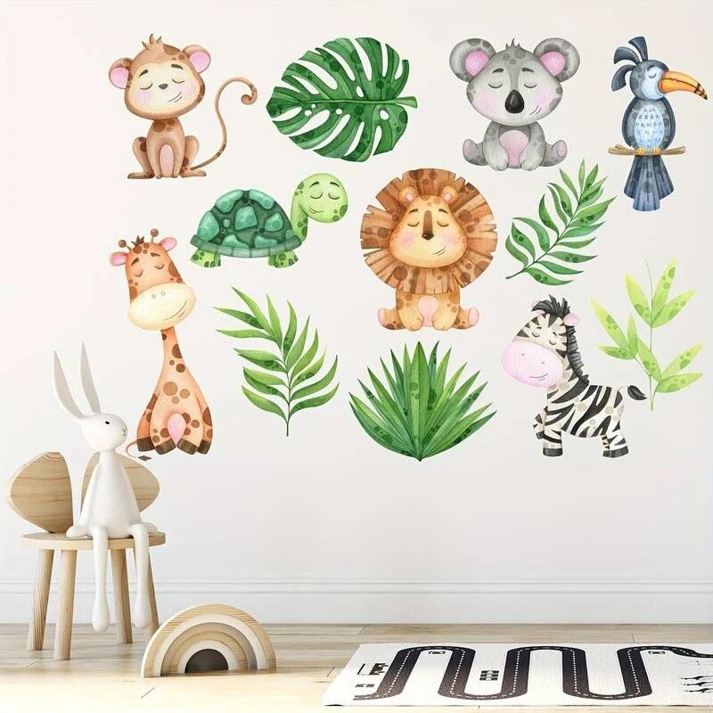 Baby Cartoon Safari Animal Wall Stickers, Giraffe Monkey Lion CHILDREN'S Room Kindergarten Decorative Decals, Cot Decoration