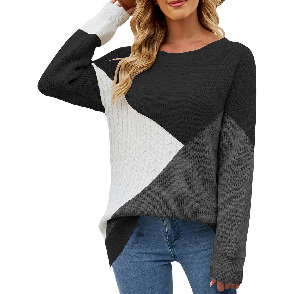 Персонализированный круглый вырез цветной блок женский вязаный свитер свободный пуловер большого размера свитер для женщин