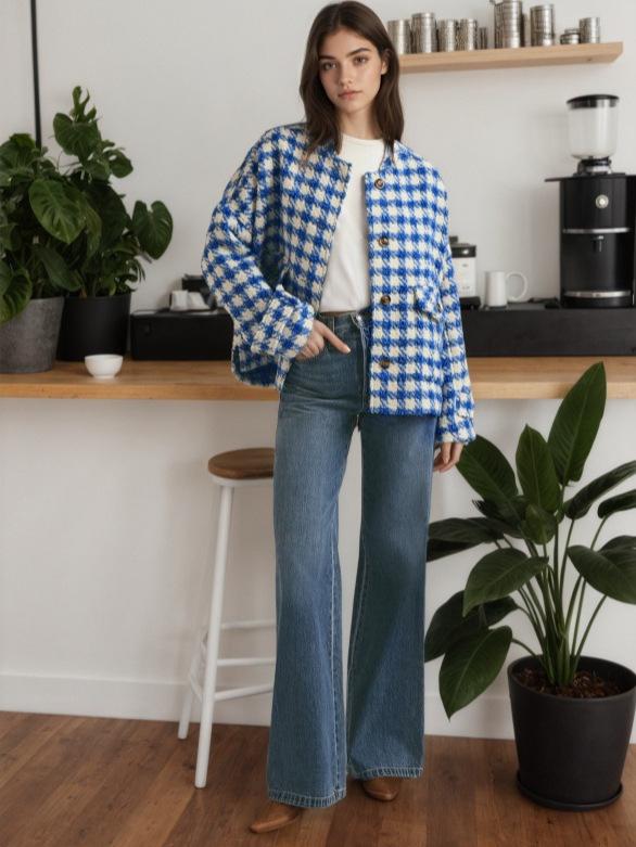 Женское короткое пальто в гусиную лапку - Осень/Зима 2025, Европейский и Американский Стиль, Свободный Покрой, Повседневная Мода