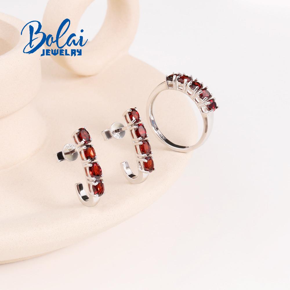 Bolaijewelry Модные серьги-кольца с натуральным красным гранатом, комплект ювелирных изделий из стерлингового серебра 925 пробы, женская повседневная одежда, изысканные ювелирные изделия