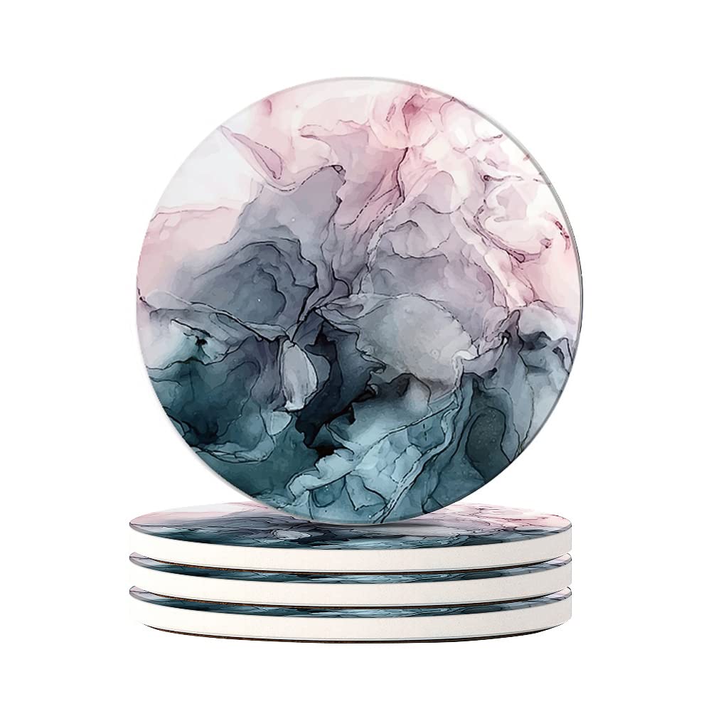 HAOCOO Stylish Ceramic Coasters with Marble Pattern and Cork Backing, Round, Set of 4, for Mugs and Tea Pads, Insulation, Better Than Diatomaceous