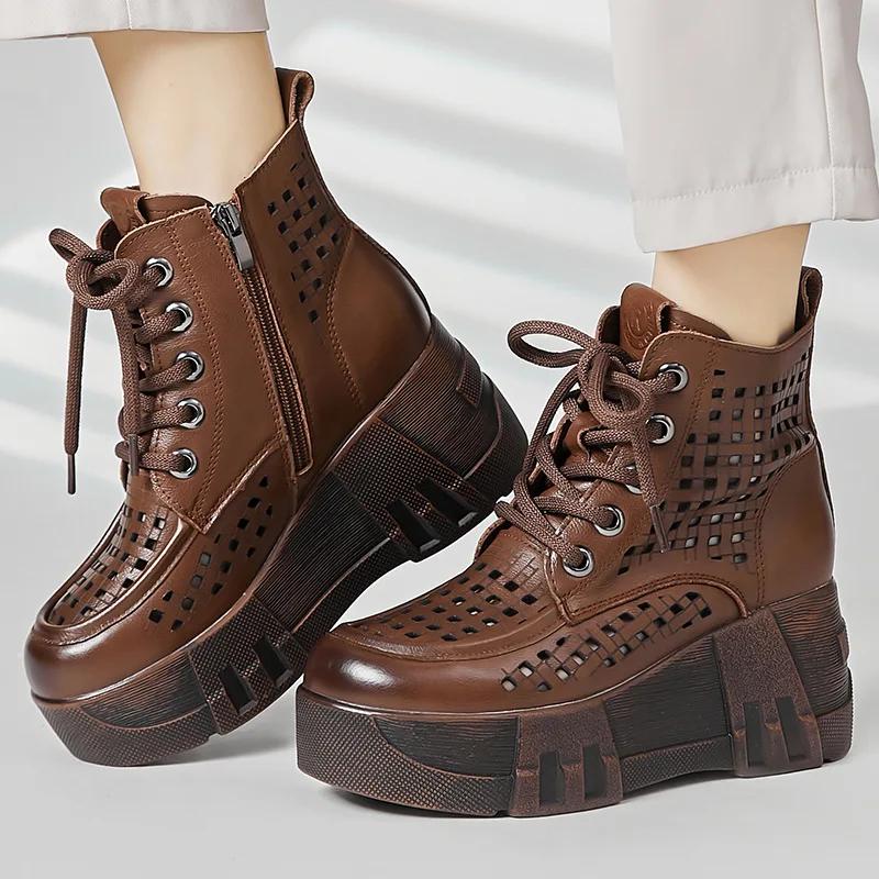 Fashion 2024 New Design Summer Women Boots Genuine Cow Leather Hollow Out Height Increasing 7cm Wedges Heel Platform Ankle Boots