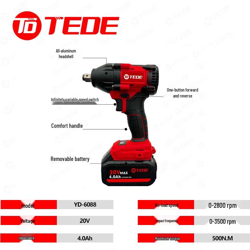 Беспроводной ударный гайковерт TEDE YD-6088, бесщеточный, штепсель CN (адаптер в комплекте)