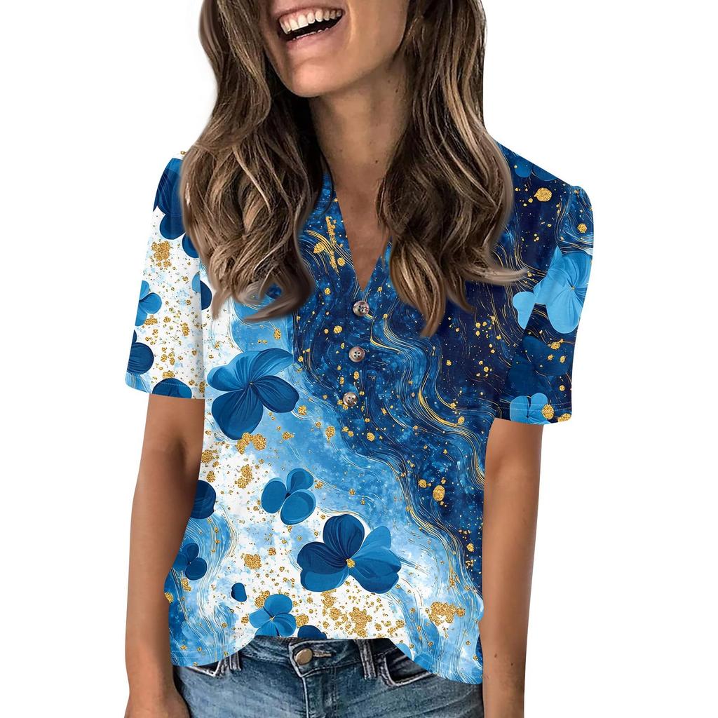 Женский модный повседневный свитер с коротким рукавом и принтом на пуговицах и V-образным вырезом